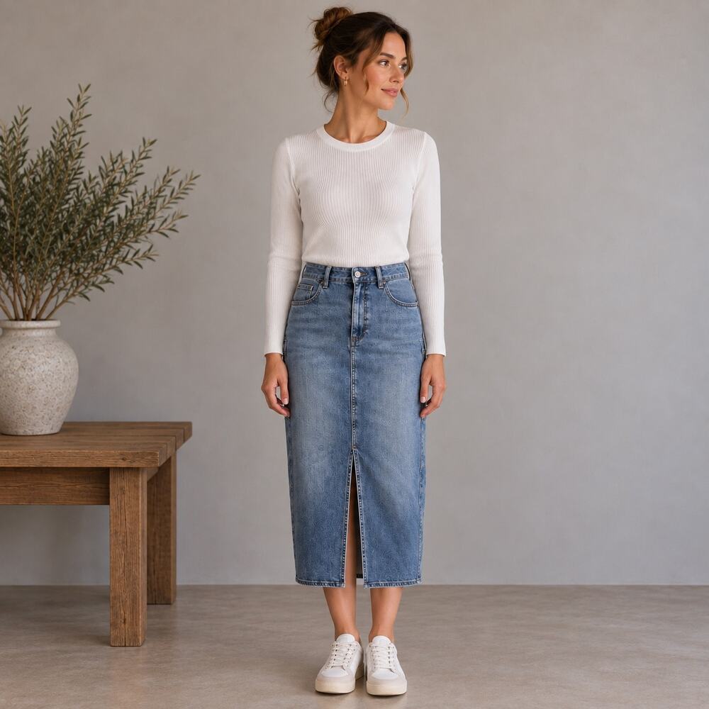 Pilcro Blue Denim Barrel Split Front Midi Skirt 16